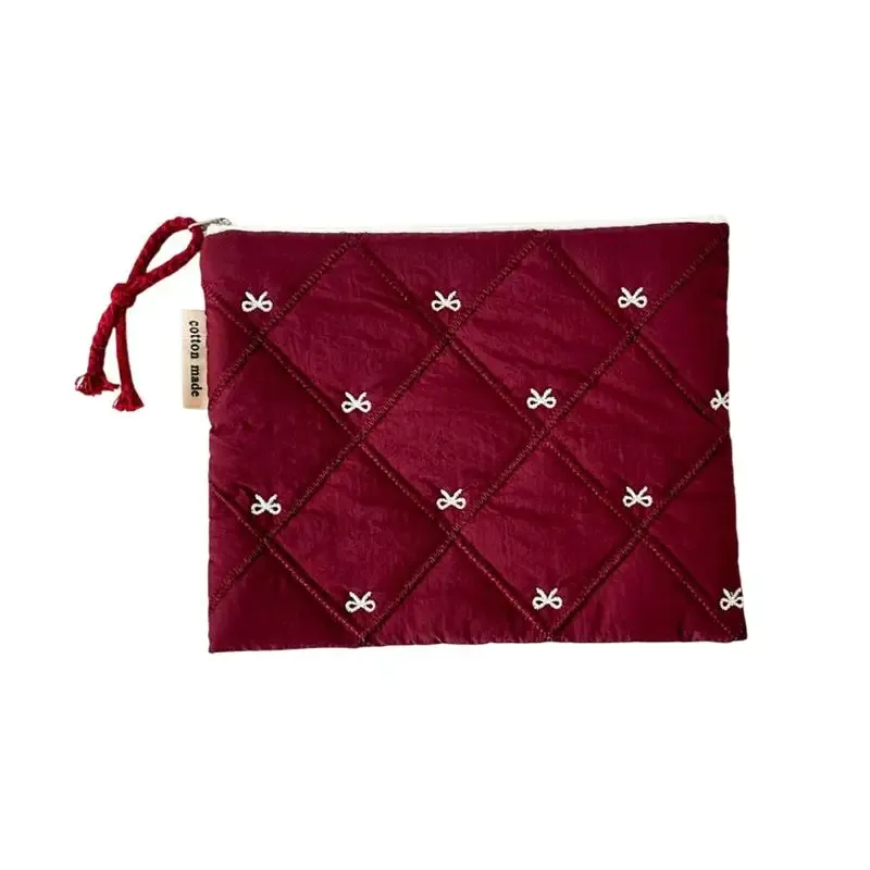 pochette à cosmétiques matelassée avec nœud brodé, grande capacité, sac à papeterie multifonctionnel, trousse à stylos