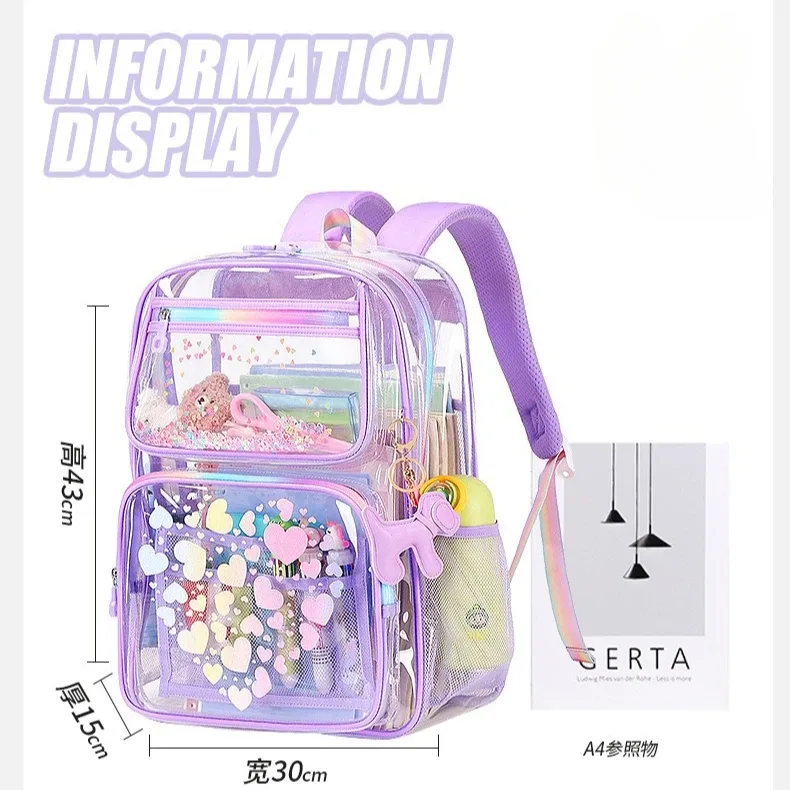 sac à dos transparent en pvc imprimé cœur, pour adolescents, garçons et filles, cartable d'étudiants, grande capacité, étanche, voyage, plage