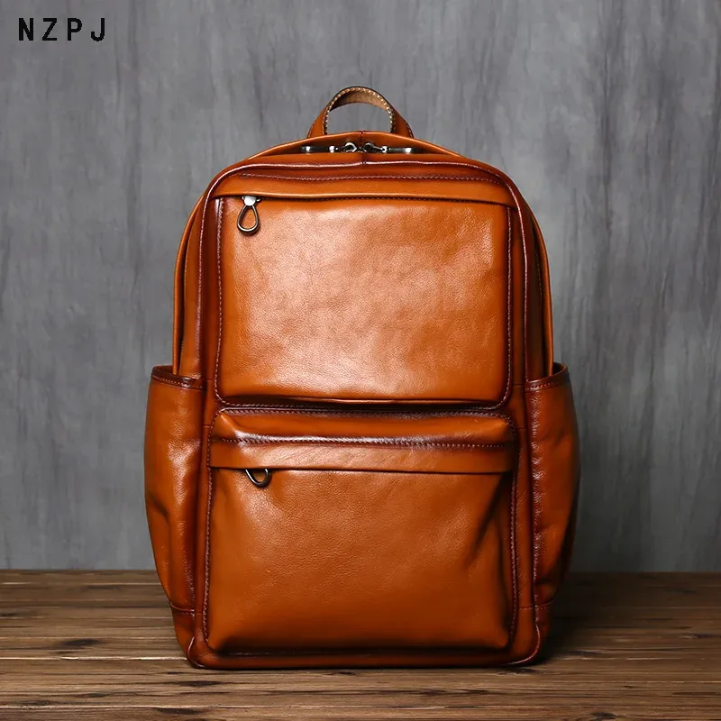 nzpj – sac à dos rétro en cuir véritable pour hommes, sacoche décontractée pour ordinateur avec couche supérieure en peau de vache, sac de voyage à la mode européenne et américaine