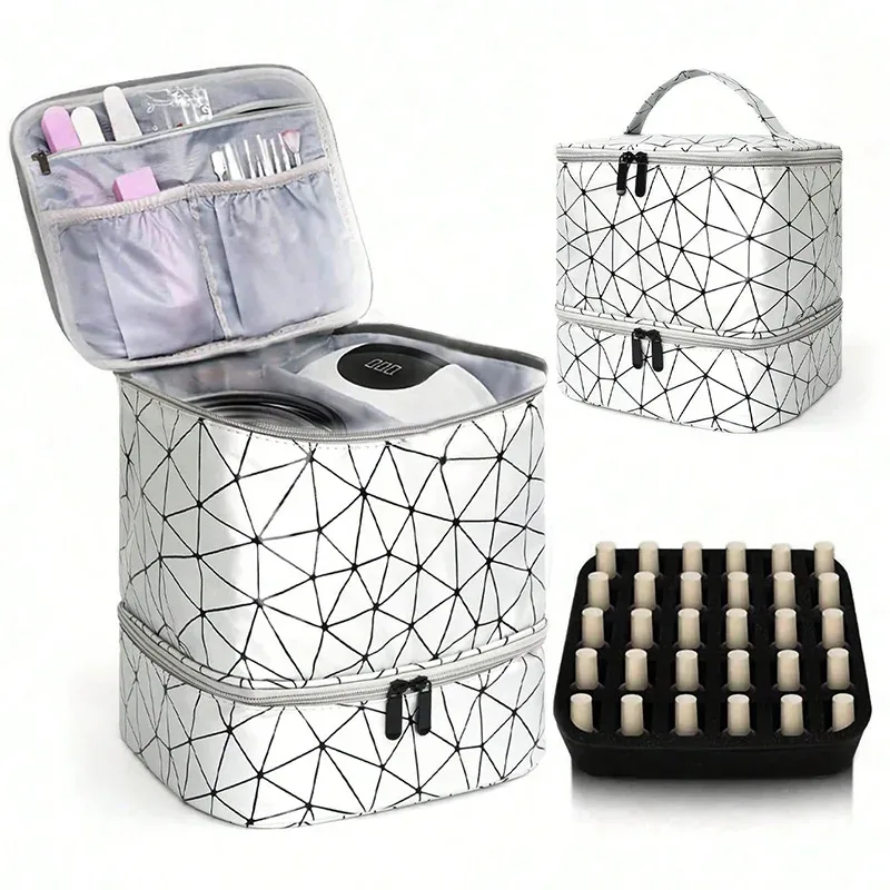 organisateur de vernis à ongles avec lumière uv intégrée, étui de transport double couche pour vernis à ongles, capacité de 30 flacons, sac de rangement, kit de manucure