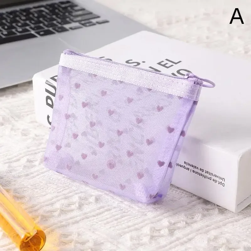 sac de maquillage en maille transparente en forme de cœur, pochette de rangement multifonction portable pour femmes, pochette de toilette pour dames, sacs organisateurs de rouge à lèvres