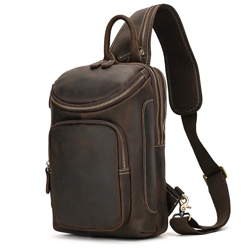 Sac de poitrine en cuir véritable pour homme, sac à bandoulière, sac à dos initié unique, sac de voyage, grande capacité