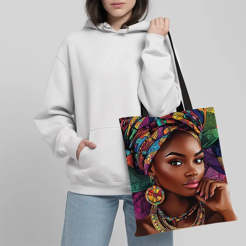 sac fourre-tout en lin imprimé pour femmes africaines, sac à bandoulière d'école esthétique, sac d'épicerie léger