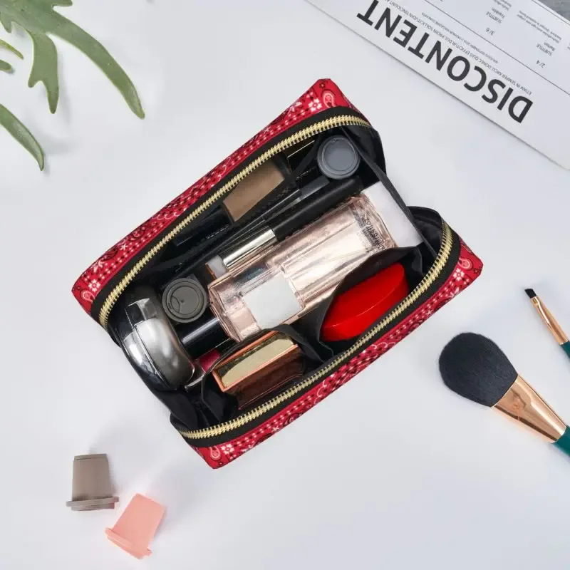 sac de maquillage en cuir ethnique bohème rouge et noir à motif cachemire, trousse de toilette de voyage pour femme, sacs cosmétiques, sac de rangement portable, cadeaux