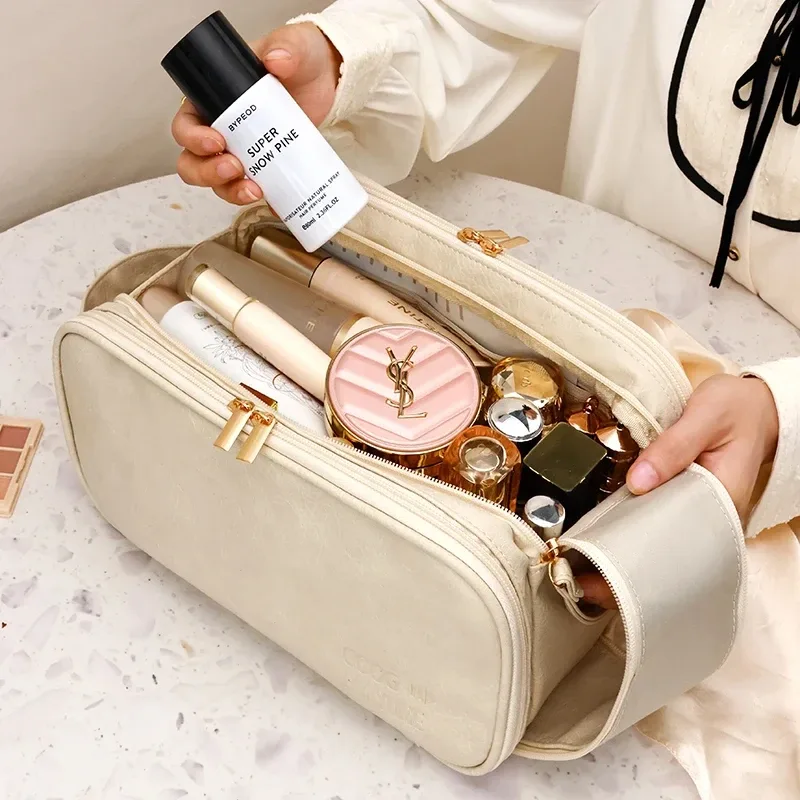 sac de maquillage multifonctionnel en cuir pu pour femmes, grande capacité, portable, double fermeture éclair, brosse de maquillage de voyage, sac de rangement d'articles de toilette