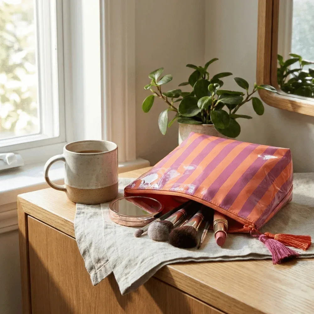 trousse de toilette de voyage portable à franges, design mignon, fermeture éclair, sac cosmétique rayé en pvc, grande capacité, sac brillant pour pinceaux de maquillage