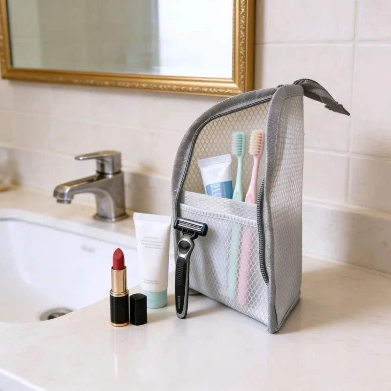 trousse de toilette en maille sur pied, portable, imperméable, organisateur de maquillage et de cosmétiques, pochette de rangement pour brosse à dents et cosmétiques pour femmes, pour salle de bain.