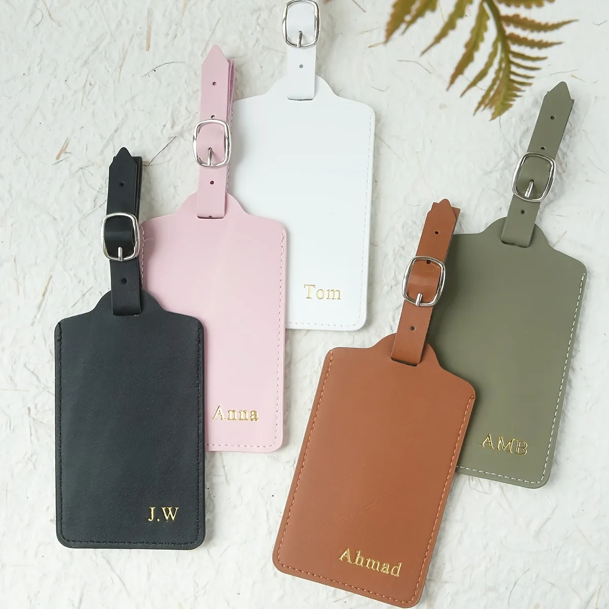 étiquette de bagage personnalisée avec monogramme estampé à chaud, minimaliste, légère, rose, verte, marron, accessoire de valise