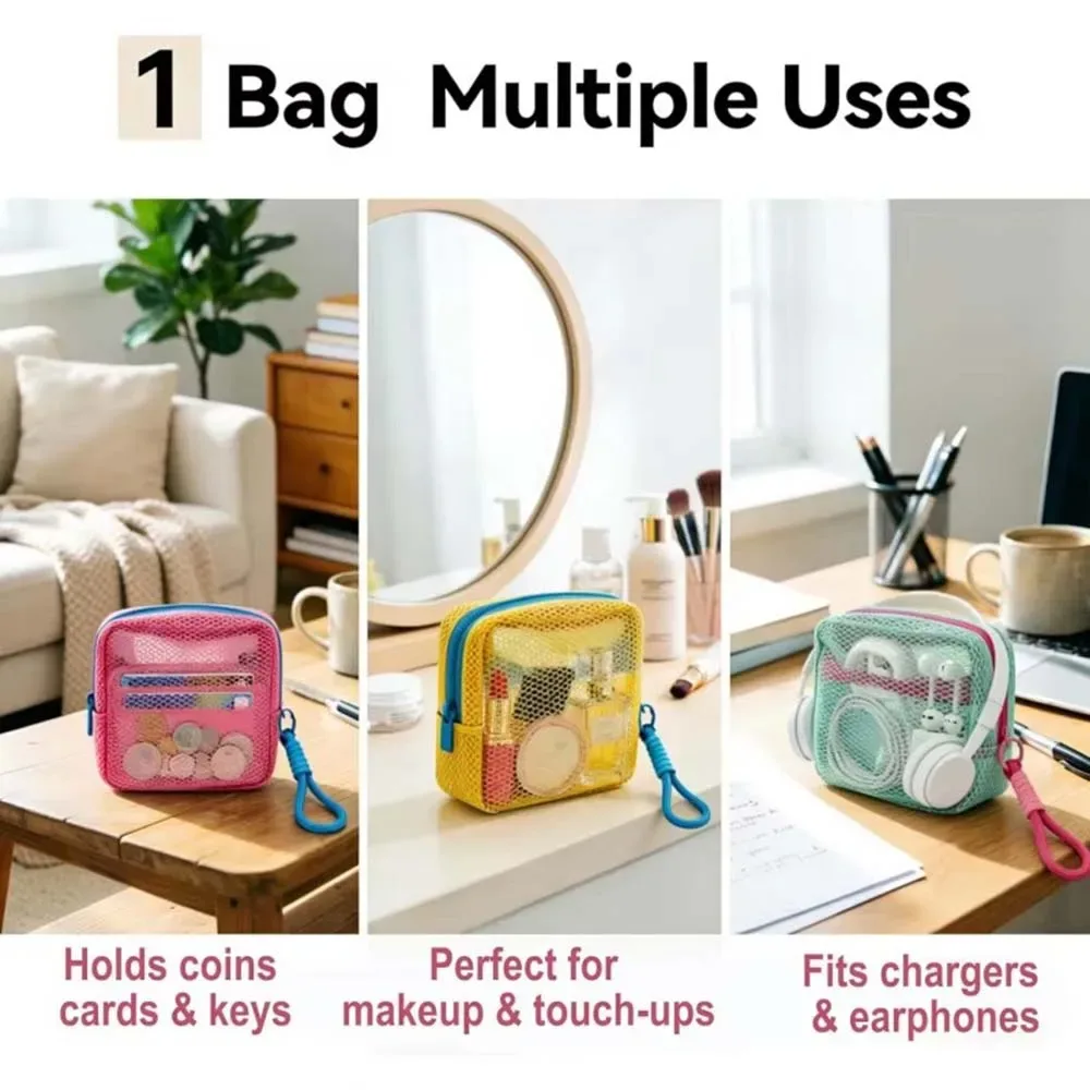 pochette en maille aux couleurs dopamine, portable pour voyage, pour câble de charge, articles de toilette, mini pochette de rangement en maille, sac cosmétique en maille, porte-clés, porte-cartes