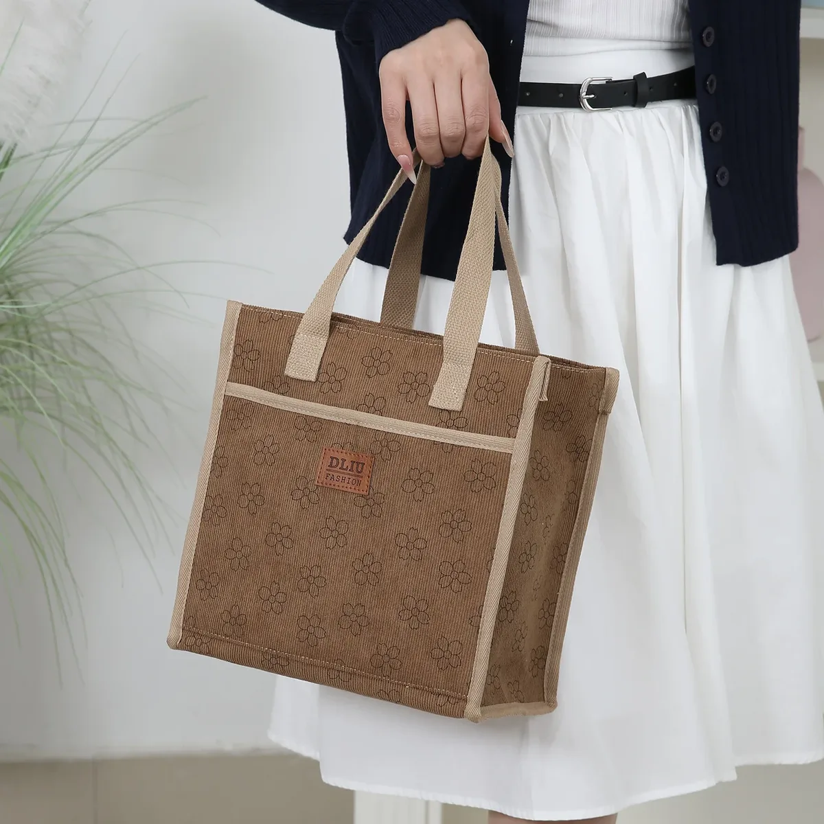 dliu, nouveau style, matière en velours côtelé, sac fourre-tout, sac à lunch, sac de rangement pour boîte à lunch, doublé de feuille d'aluminium, polyvalent pour les trajets quotidiens