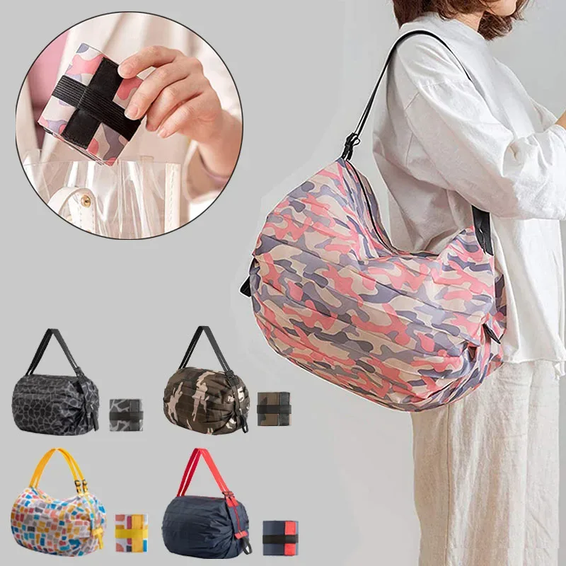 sacs de courses pliables, 1 pièce, sac de rangement pliable avec poignée, sacs à main de camouflage de voyage portables, sac en nylon de grande capacité