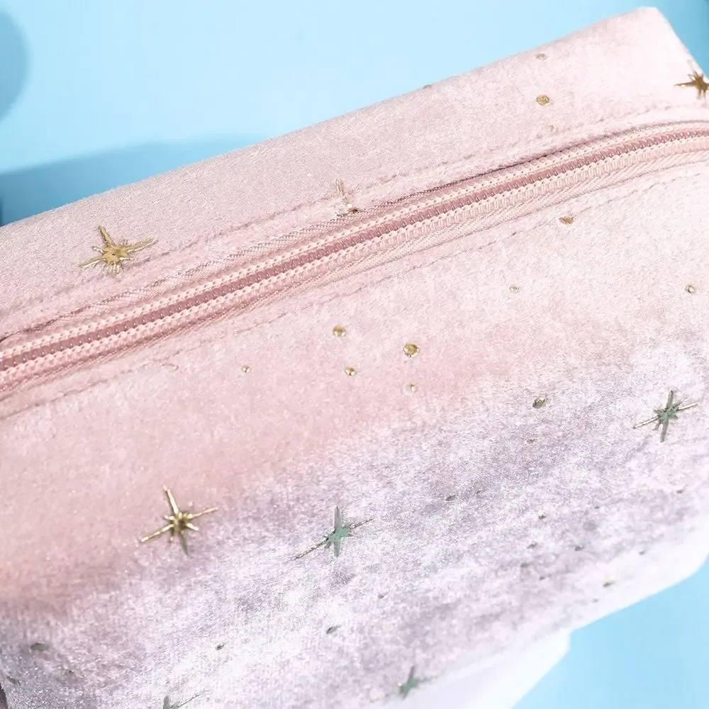 trousse de toilette en velours doux pour femme, sac cosmétique portable, motif étoile estampé à chaud, sac de rangement de maquillage avec fermeture éclair, haute qualité