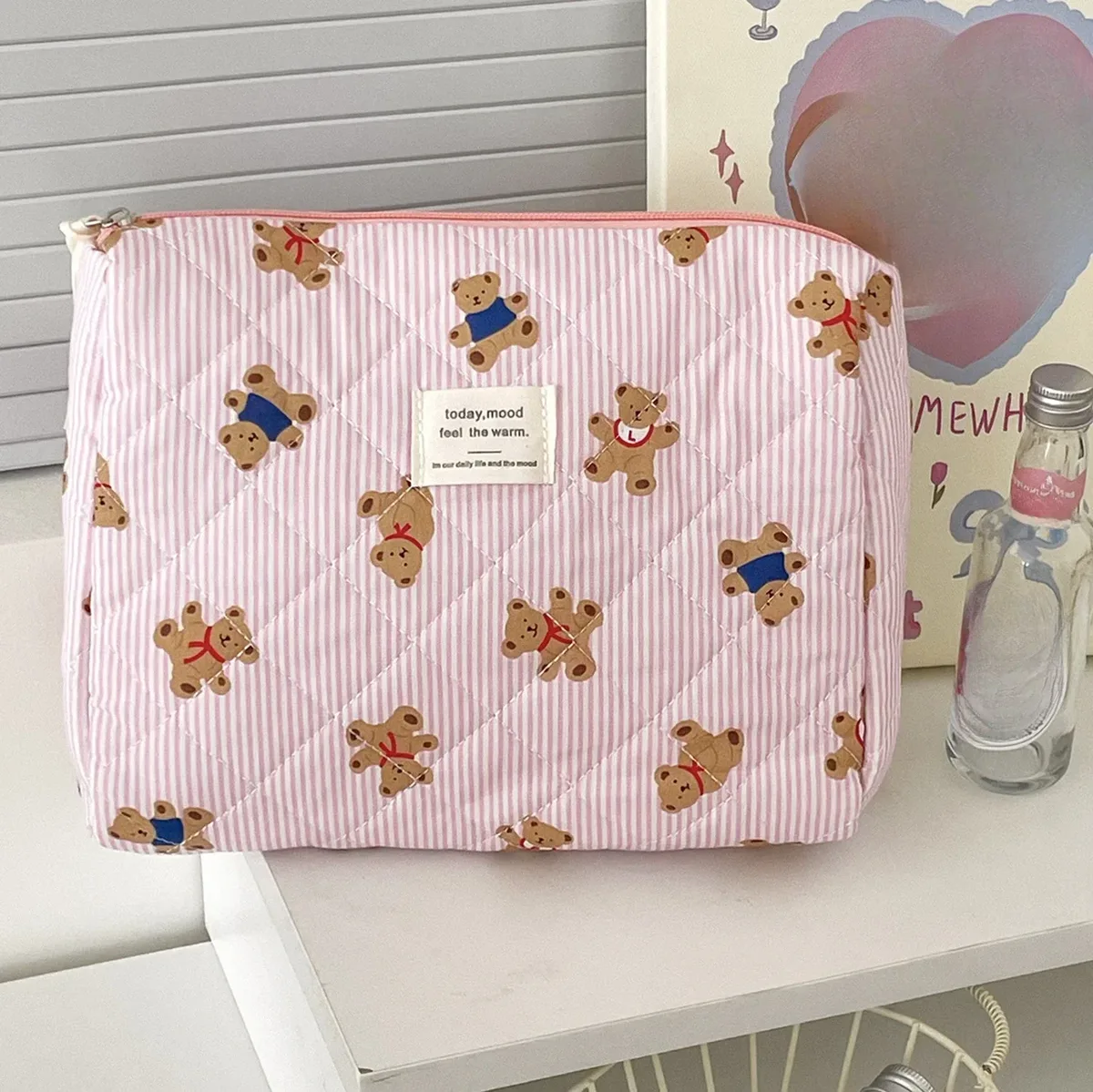 sac à cosmétiques en coton à fleurs noires pour femmes, 1 pièce, sacs de rangement en tissu, petite pochette de voyage de grande capacité, étui de maquillage pour femmes