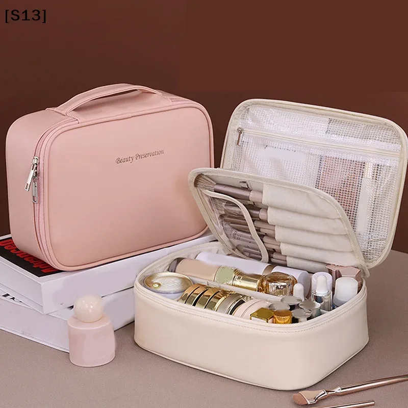 sac de maquillage de voyage double couche en cuir pu pour femmes, sac de rangement portable de grande capacité, sac de voyage étanche à fermeture éclair [q][q]q@