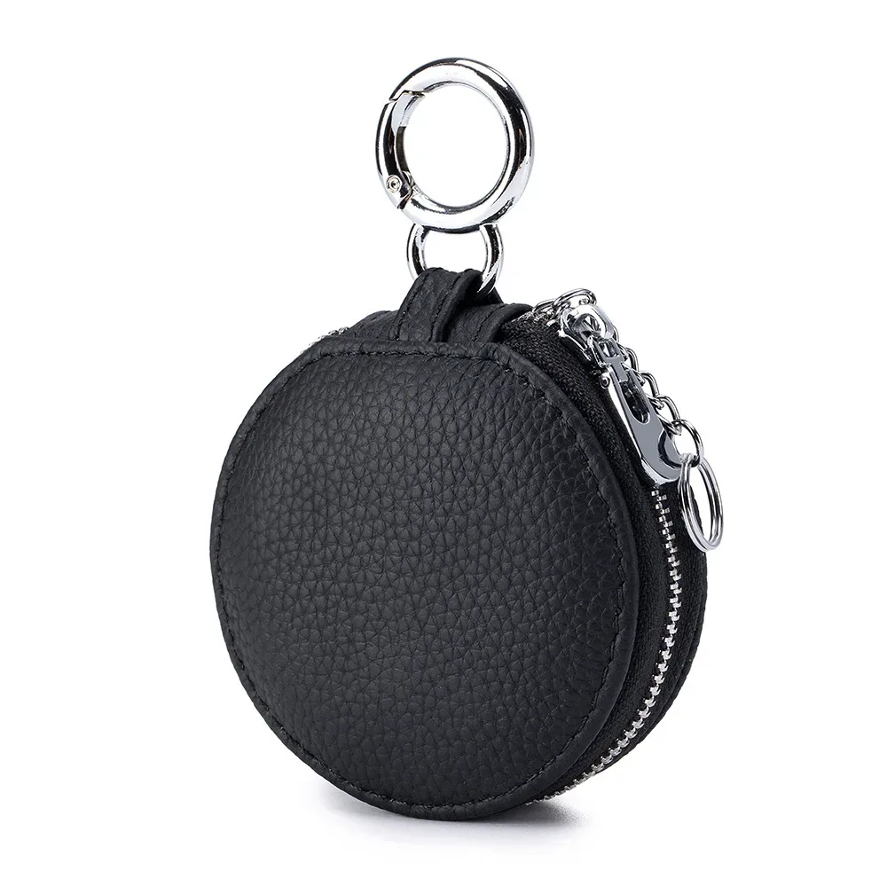 sac de rangement rond en cuir véritable pour femmes, sac rond pour rouge à lèvres souple, sac pour écouteurs avec miroir, sac porte-clés pendentif de grande capacité