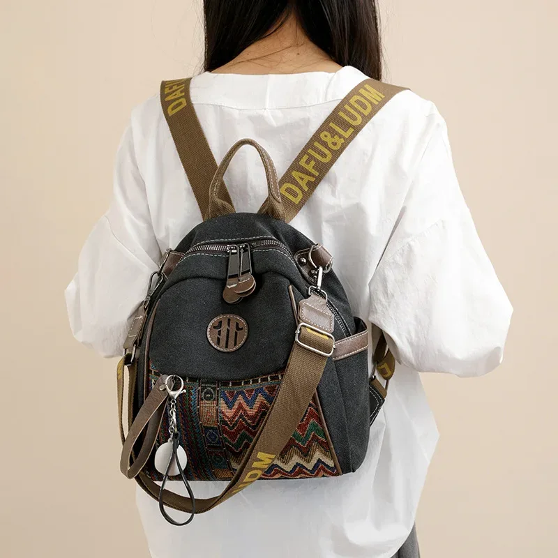 sac à dos en denim pour femmes, grande capacité, broderie vintage, sac à bandoulière multifonctionnel, 1 pièce