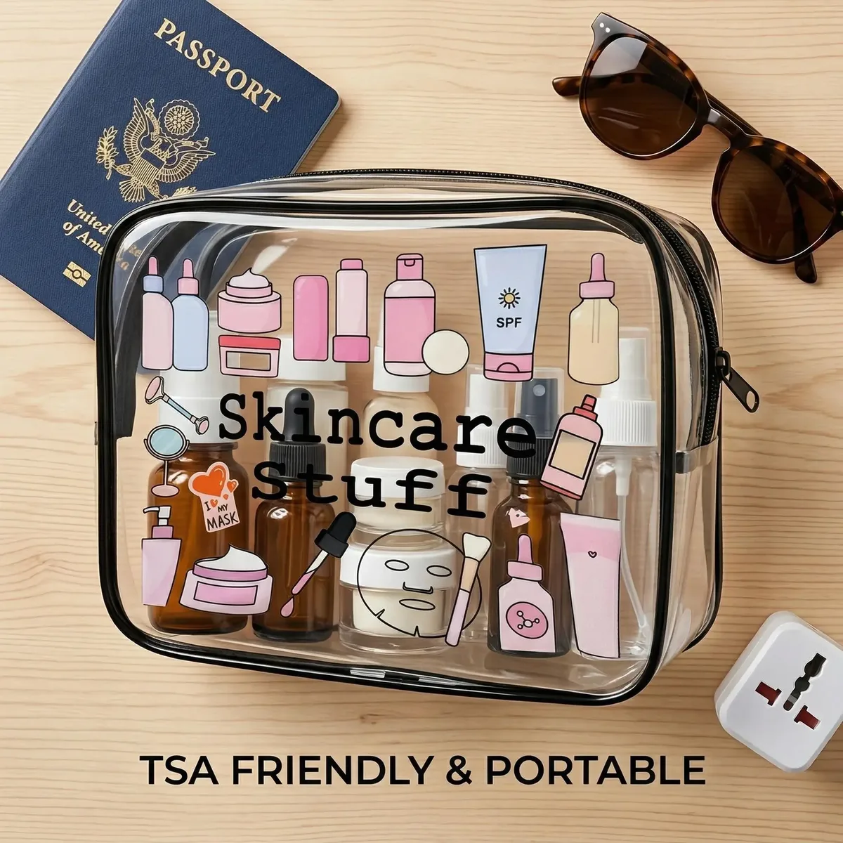 pochette cosmétique pvc transparente motif soins peau organiseur voyage femmes contenance articles toilette sécurité transport