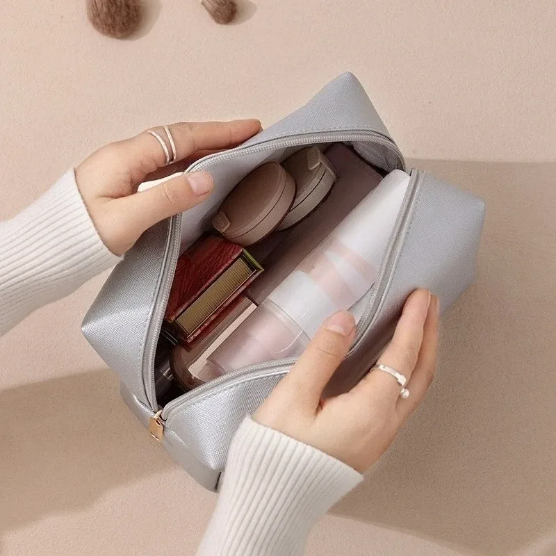 sacs à cosmétiques de couleur unie pour femmes, sac de rangement de maquillage portable de voyage, pochette de toilette à fermeture éclair