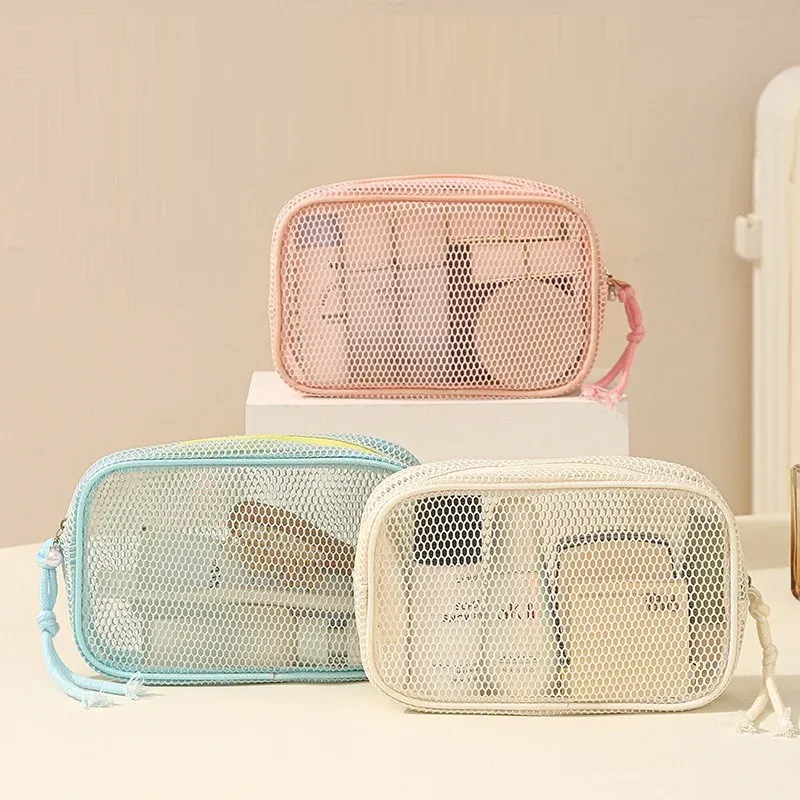 Sac à cosmétiques en nylon décontracté, à main, avec fermeture éclair, sacs à maquillage en maille, sacs de toilette multifonctionnels en maille, pour femmes