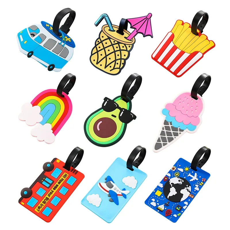 étiquette bagage pvc imprimé animaux couleurs variées motifs mignons lunettes avocat arc ciel crème glacée bus avion globe terrestre voyage identification