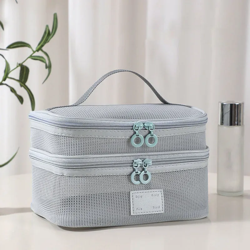 organisateur de toilette transparent de grande capacité, pochette de rangement cosmétique portable pour femmes, sac à maquillage respirant en maille