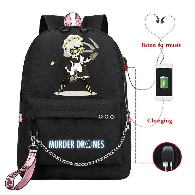 Sac Dos Toile Dessin Animé Personnages Colorés Logo Murder Drones Chaîne Métallique Câble USB Voyage Capacité 20 35 Litres