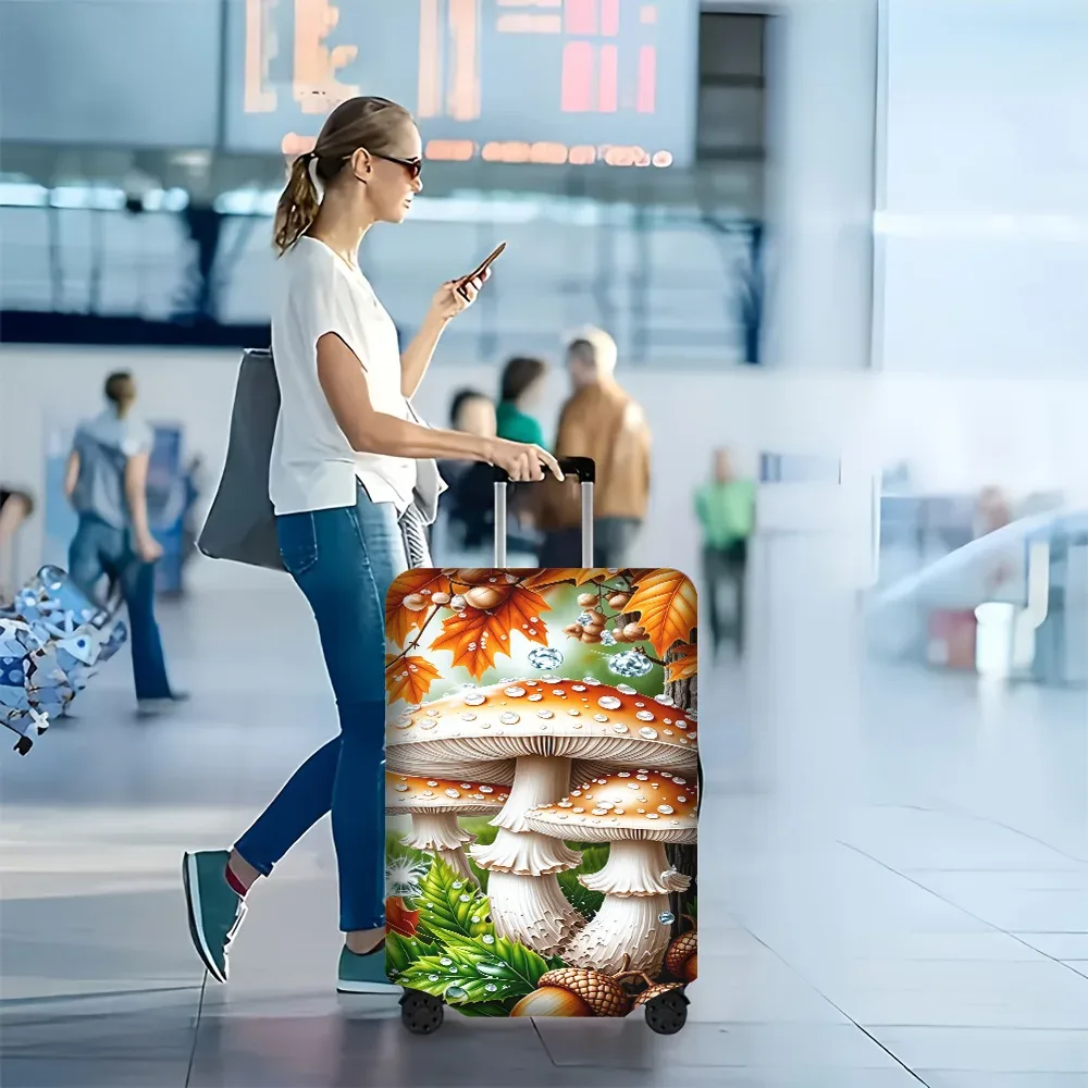 housse valise polyester motif champignons feuilles glands gouttes eau couleur principale vert orange beige protection voyage
