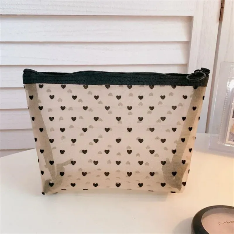 sacs de maquillage cosmétiques en maille, porte-étui, fermeture éclair transparente, mignon, noir, cœur imprimé, trousse à crayons, pochette pratique à transporter