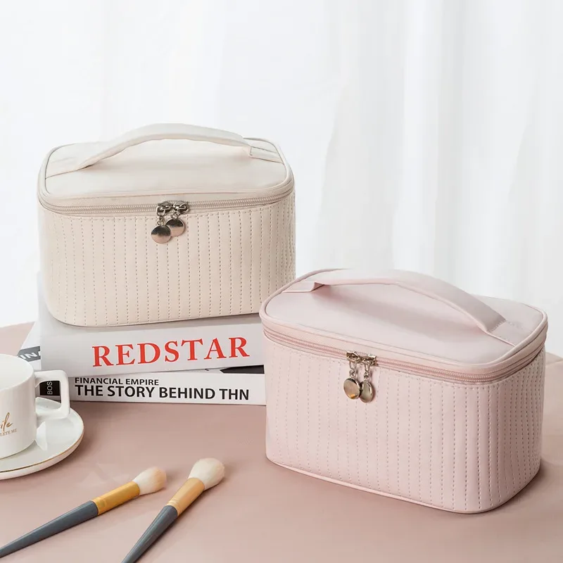 nouvelles trousses de maquillage en cuir pu pour femmes, trousse de toilette de voyage, couleur unie, grande capacité, boîte organisatrice de maquillage, trousse à cosmétiques