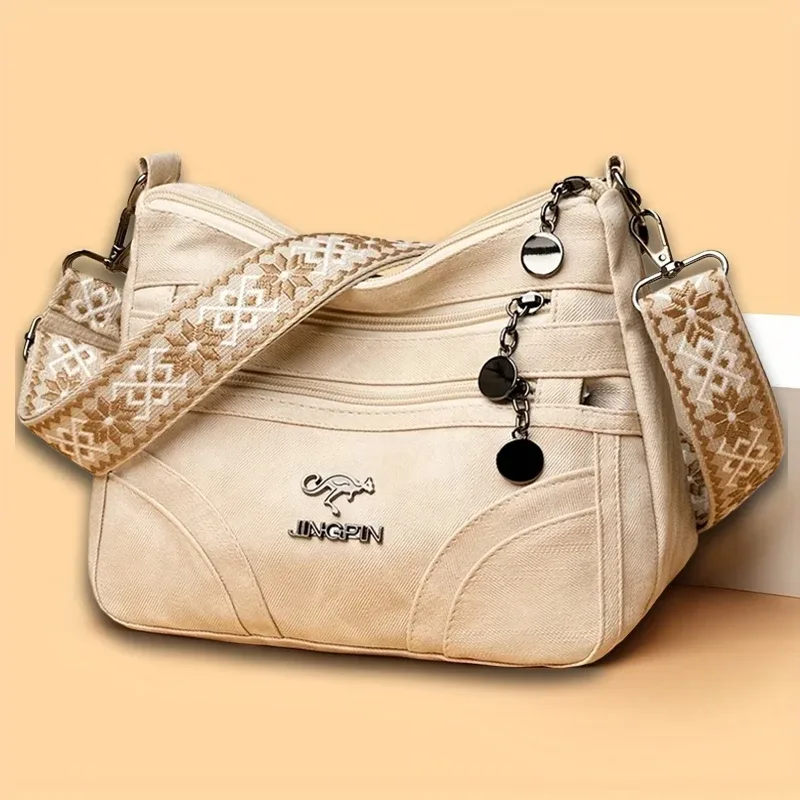 sac à bandoulière spacieux multi-poches pour femme, sac à bandoulière vintage en cuir souple avec sangle à motif ethnique pour la vie quotidienne