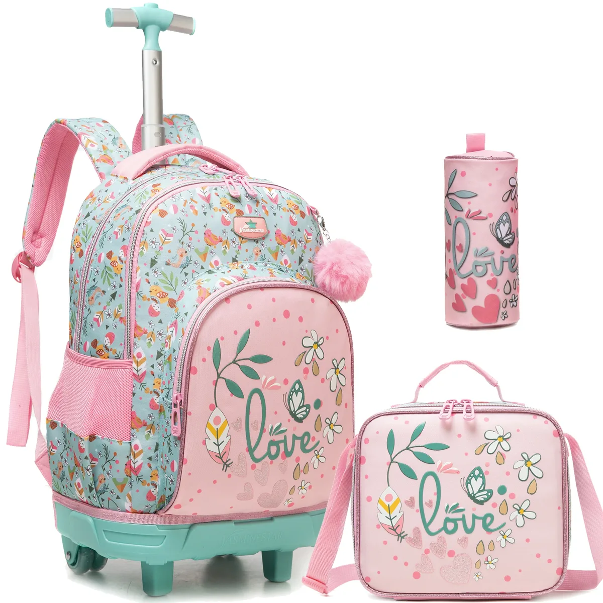 sac dos polyester bleu marine chat rose bicyclette fleurs multicolores grande capacité poche ordinateur portable roues fixes accessoires enfants voyage ecole