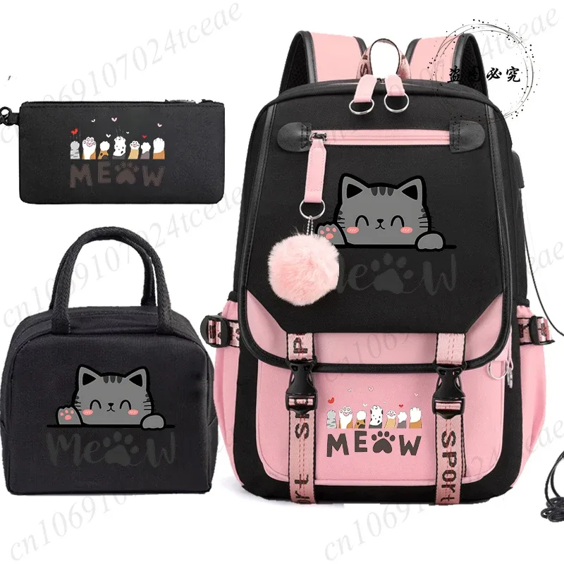sac à dos scolaire pour adolescents, sac à dos quotidien pour étudiants, sac à dos pour filles, sac à dos scolaire à motif de chat noir, avec sac à lunch et trousse à crayons, 3 pièces/ensemble