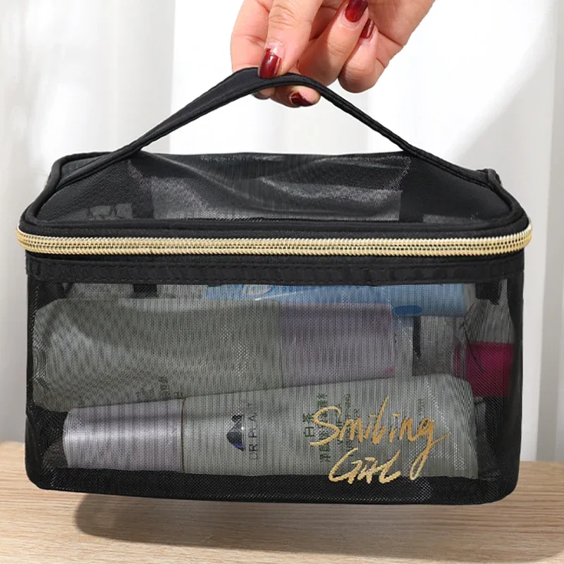 trousse de maquillage en maille noire de grande capacité, pochette de rangement, trousse de toilette décontractée à fermeture éclair, trousse de maquillage pour femmes, sac à cosmétiques de voyage