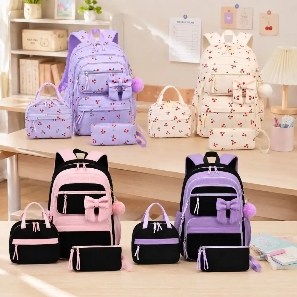 sac dos nylon dessin animé violet cerises rouges sac lunch boîte crayons poignees pompons compartiment isolant visibilite sécurité enfants