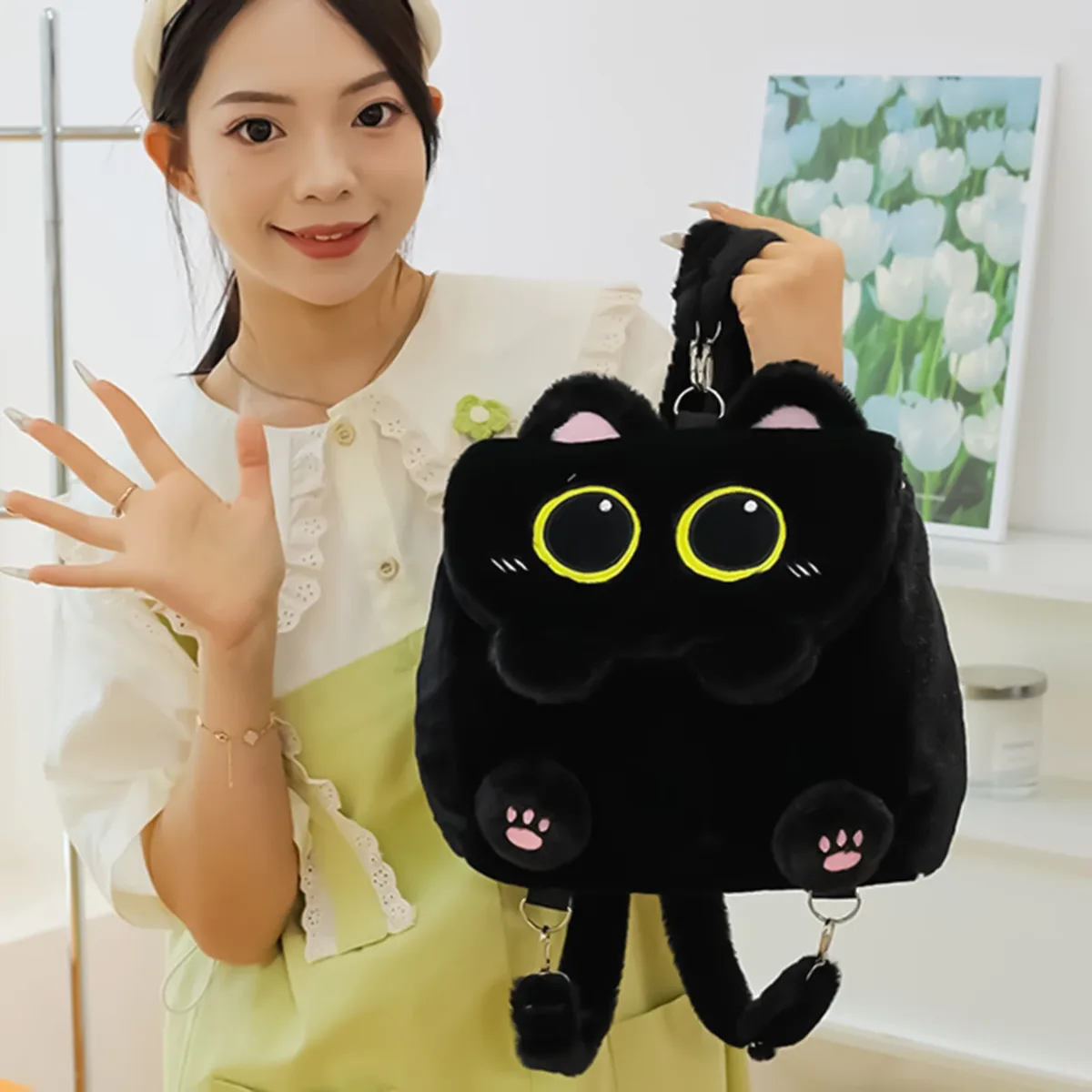 sac à dos en peluche chat noir pour filles, design chaton mignon, grande capacité, léger, pour l'école, les voyages et l'usage quotidien