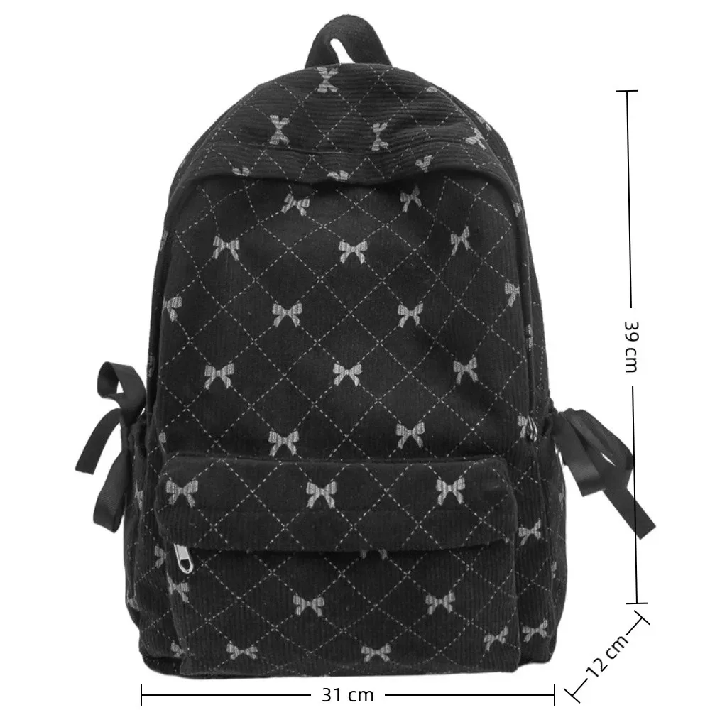 sac à dos en velours côtelé style coréen tendance, grande capacité, bretelles réglables, imprimé nœud, pour étudiants et lycéens