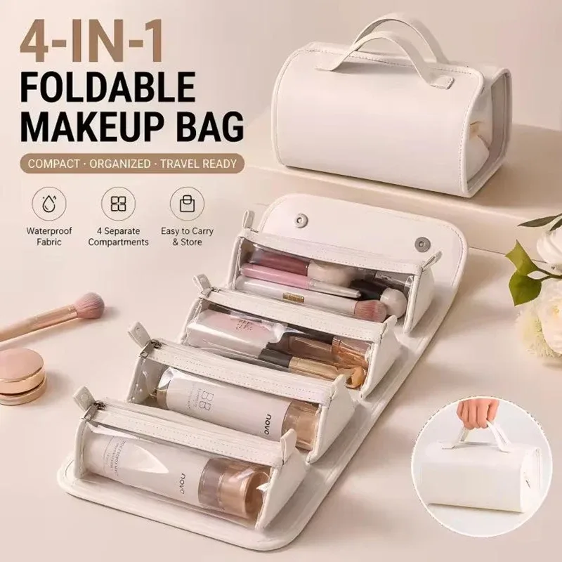sacs à maquillage 4 en 1, sac cosmétique détachable, grande capacité, pliable, portable, sac de rangement pour cosmétiques de voyage, trousse de toilette