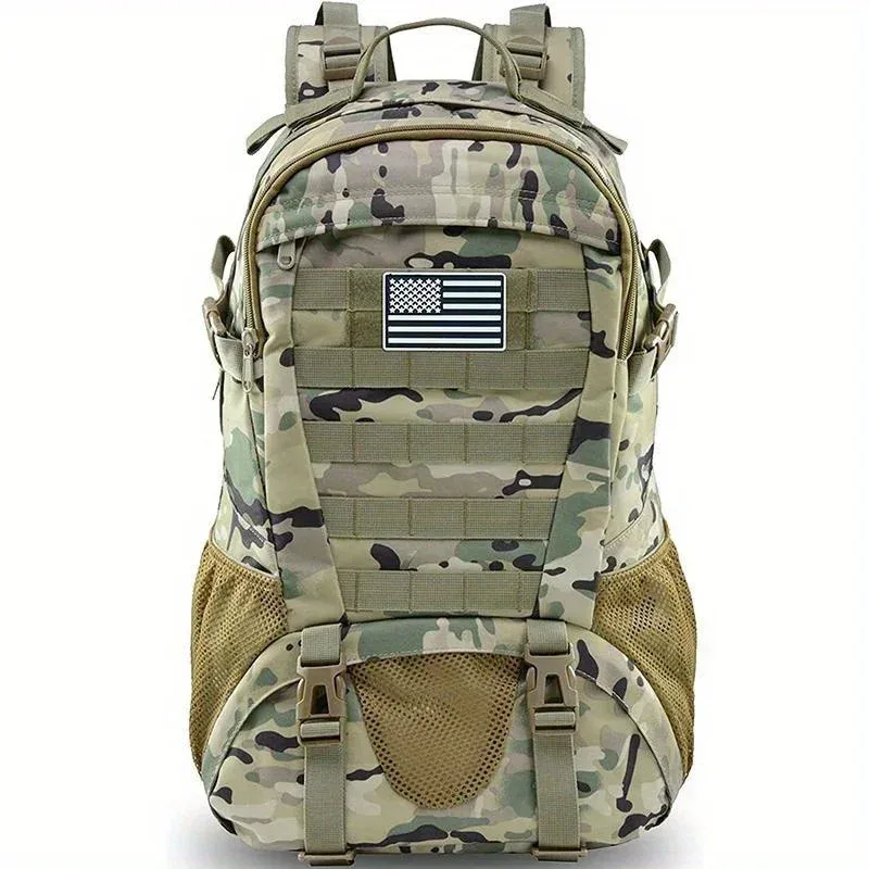 sac dos nylon béige tache camouflage pochette avant zippée banderole américaine voyage plein air randonnée camping chasse escalade