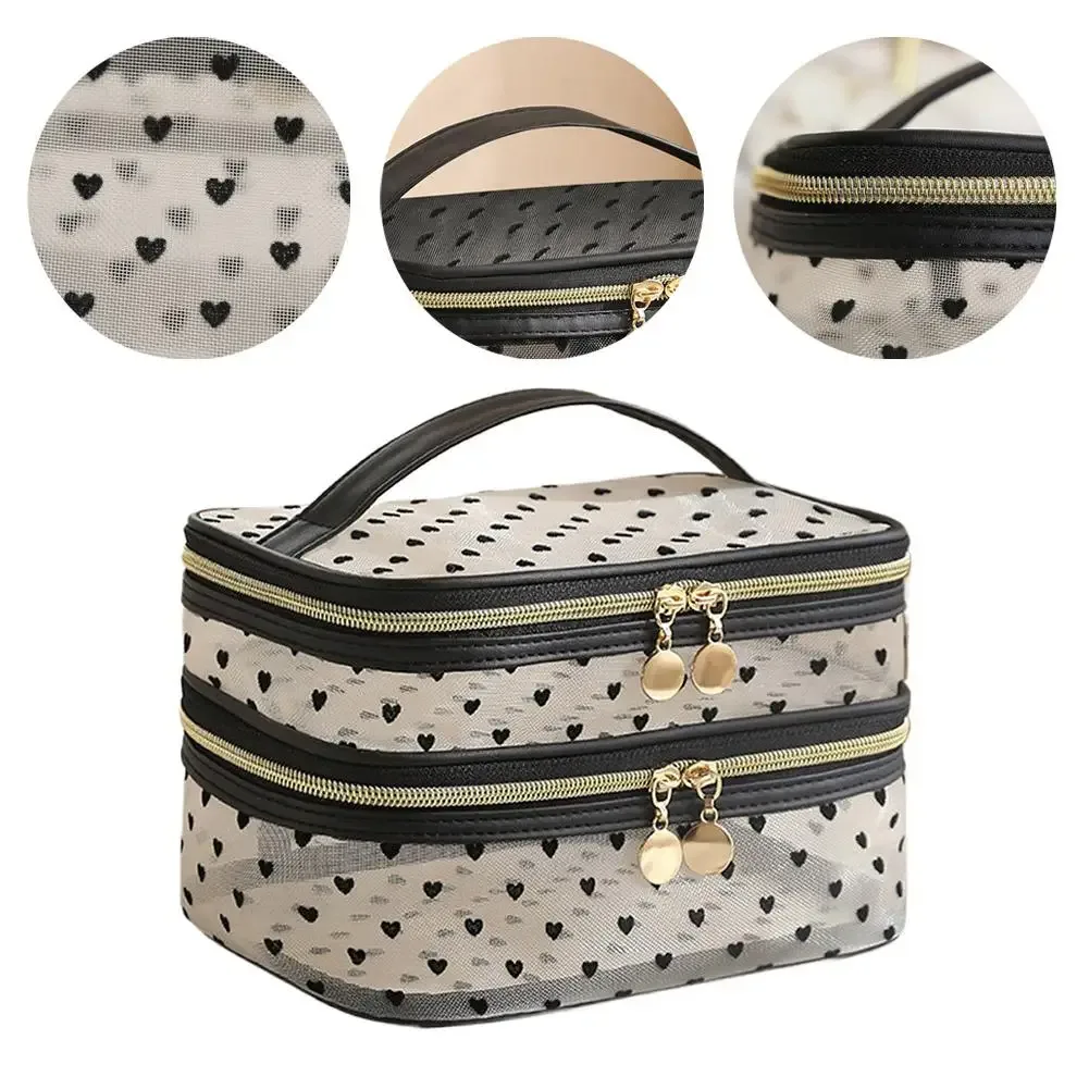 sac à cosmétiques en maille noire à double couche, trousse de maquillage portable de grande capacité, pochette de rangement, sacs de toilette à fermeture éclair
