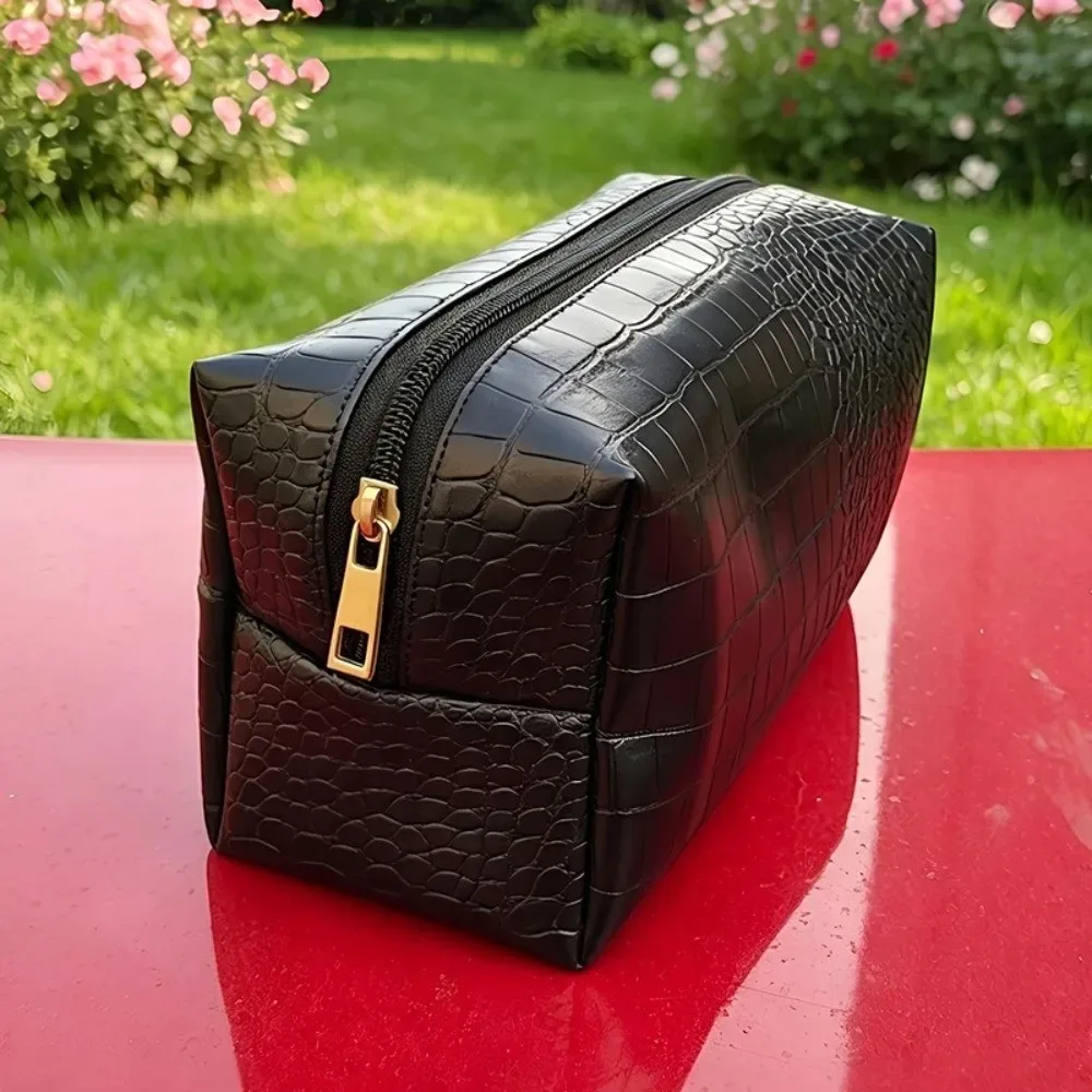 sac à maquillage en cuir pu, motif crocodile gaufré, pochette cosmétique imperméable, fermeture à glissière, grande capacité, pochette de rangement
