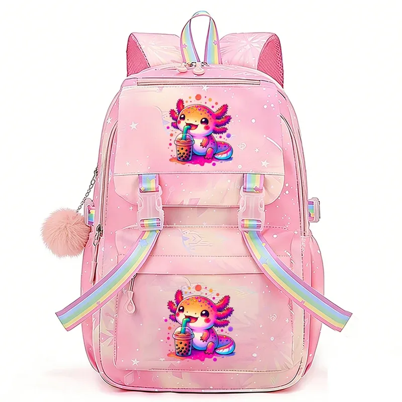 sac à dos imprimé rainbow axolotl boba, grand sac à dos léger, sac d'école mignon de dessin animé pour filles, sac à dos décontracté pour voyage et trajets quotidiens