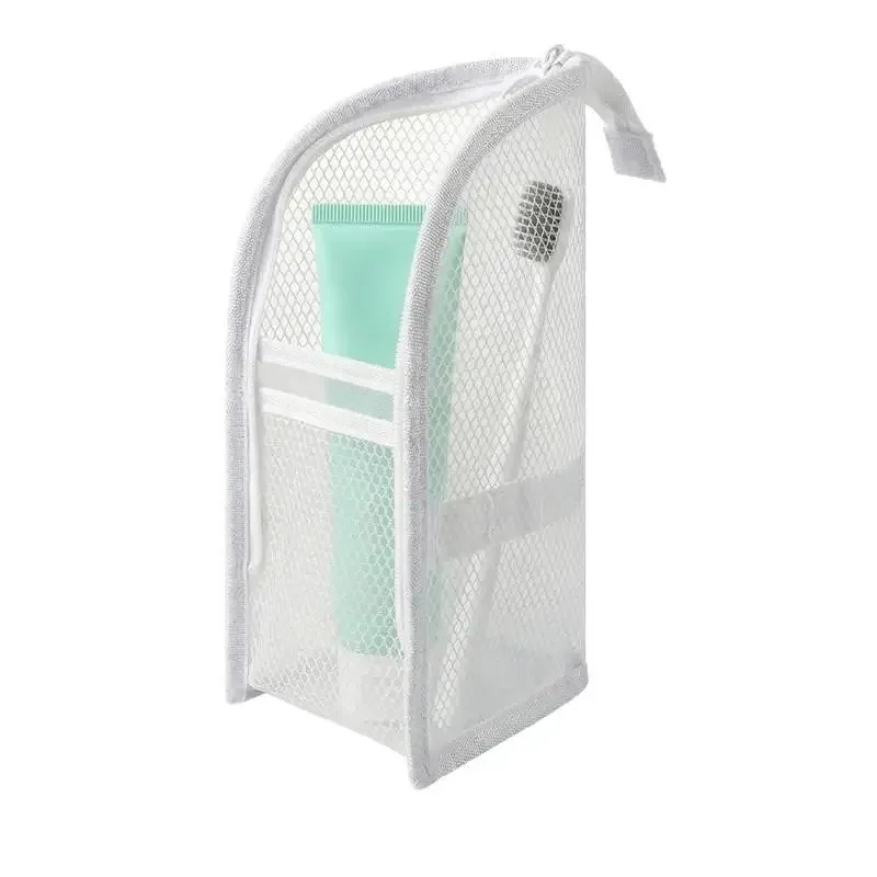trousse de toilette portable en maille respirante avec support et poches de rangement pour voyage, gym et sports