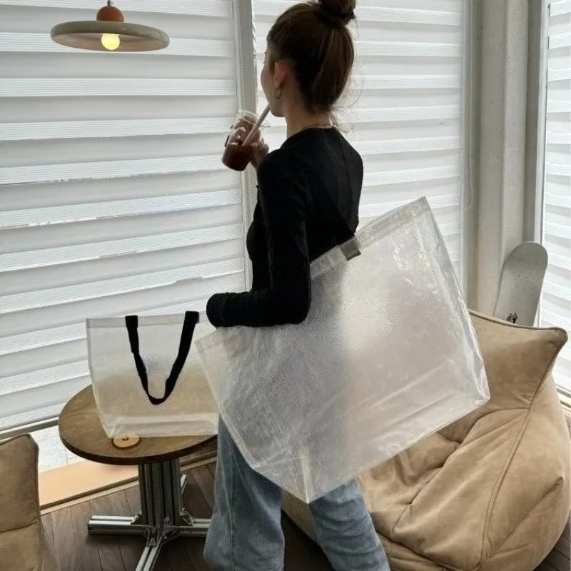 sac fourre-tout tissé transparent, pliable, réutilisable, étanche, pour épicerie, voyage, plage d'été, sac à bandoulière écologique