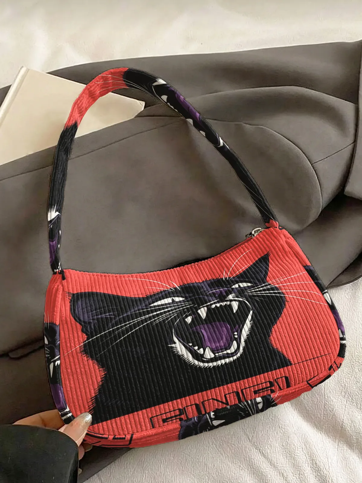 sac à bandoulière tendance imprimé chat noir en colère, sac sous le bras en velours côtelé pour un usage quotidien décontracté