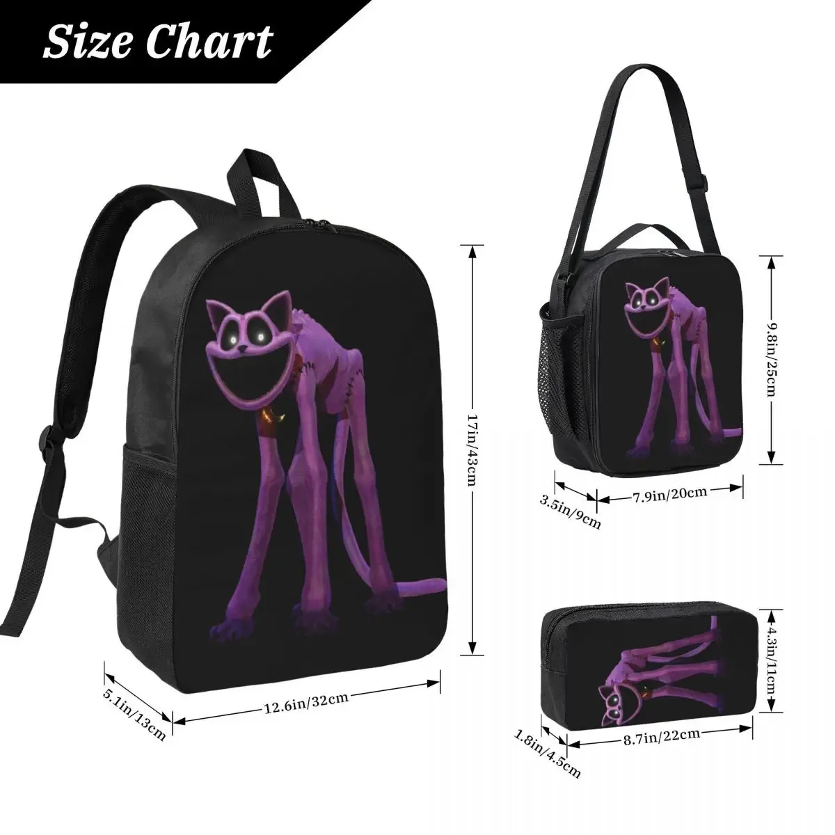 sac dos polyester noir chat violet sourire forme rectangulaire poignées latérales usage étudiant voyage