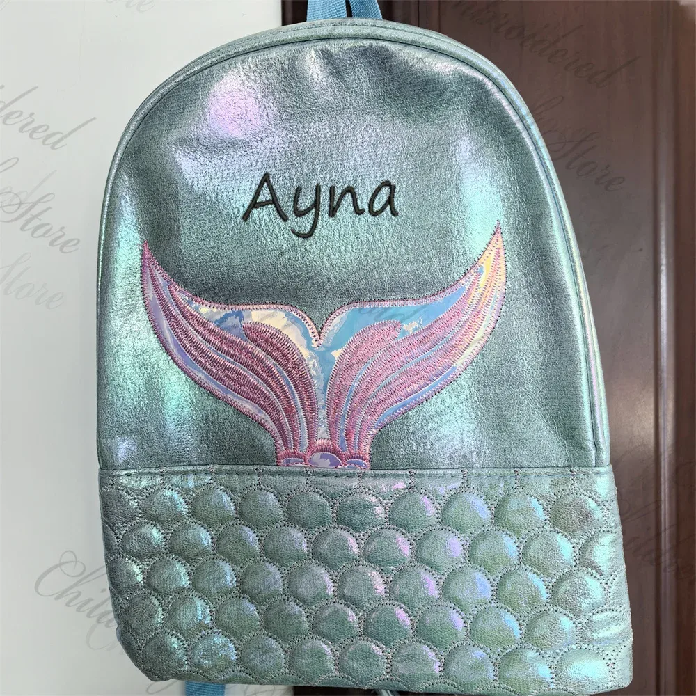 sac à dos sirène mignon pour filles, en pu, avec nom brodé personnalisé, sac d'école pour nouveau-étudiants, sac à dos de voyage personnalisé pour femme
