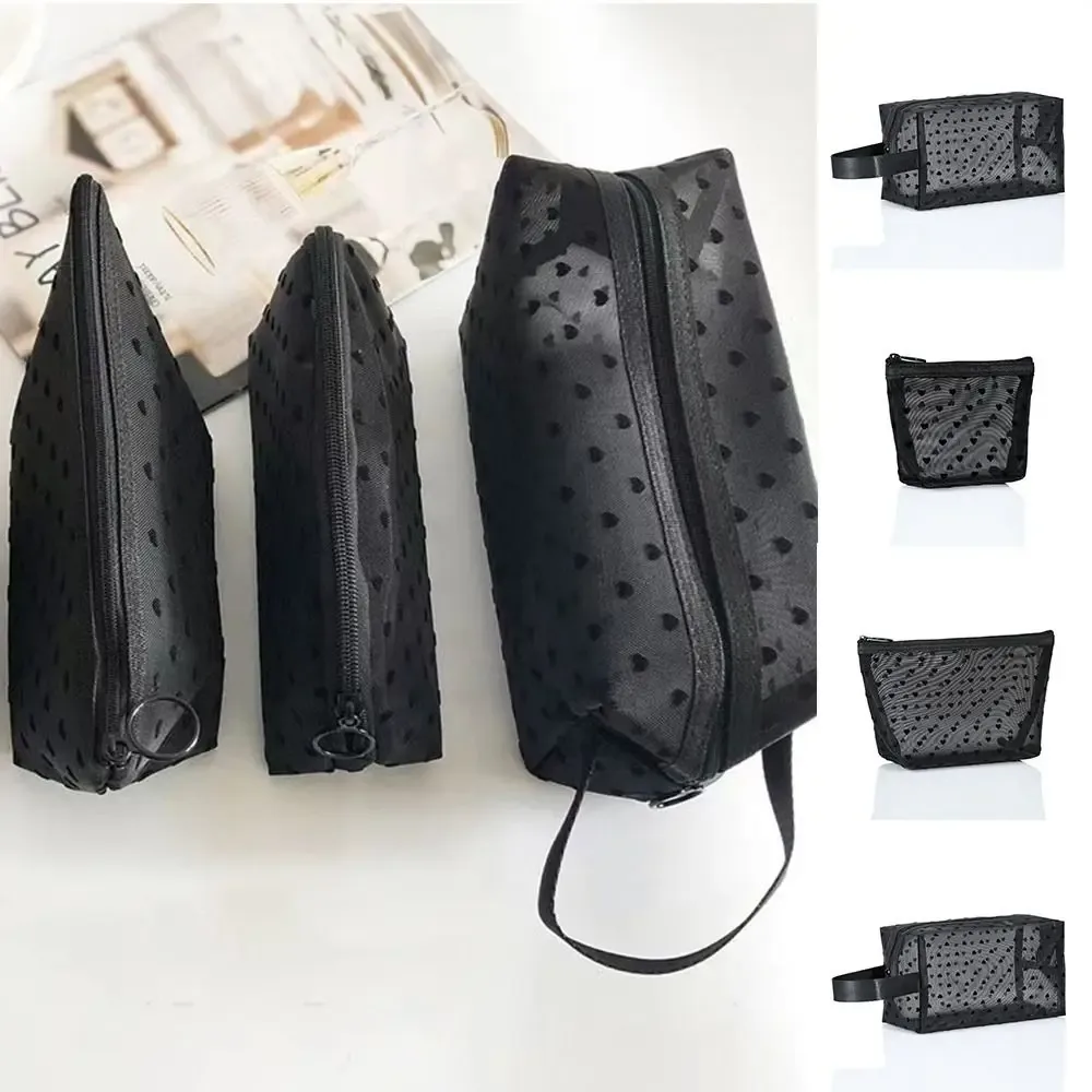 trousse de maquillage transparente grande capacité à fermeture éclair, motif cœur et points ondulés, sac de rangement cosmétique, trousse de toilette de voyage