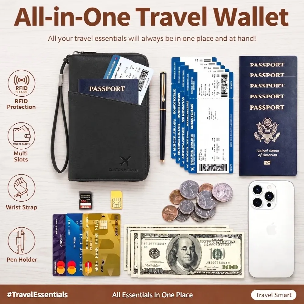 portefeuille de voyage en cuir anti-rfid pour passeports familiaux avec dragonne, emplacement pour stylo, organiseur de cartes, billets et documents – essentiels de voyage