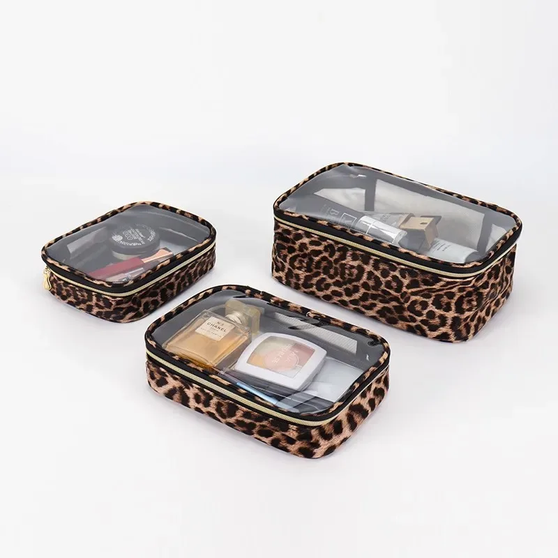 sac de maquillage transparent imprimé léopard, grande capacité, organisateur de cosmétiques de voyage, sac à cosmétiques étanche à fermeture éclair