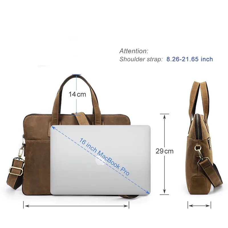 porte documents cuir vache crazy horse leather polyester fermeture éclair bande lièrre macbook 13 16 pouces voyage